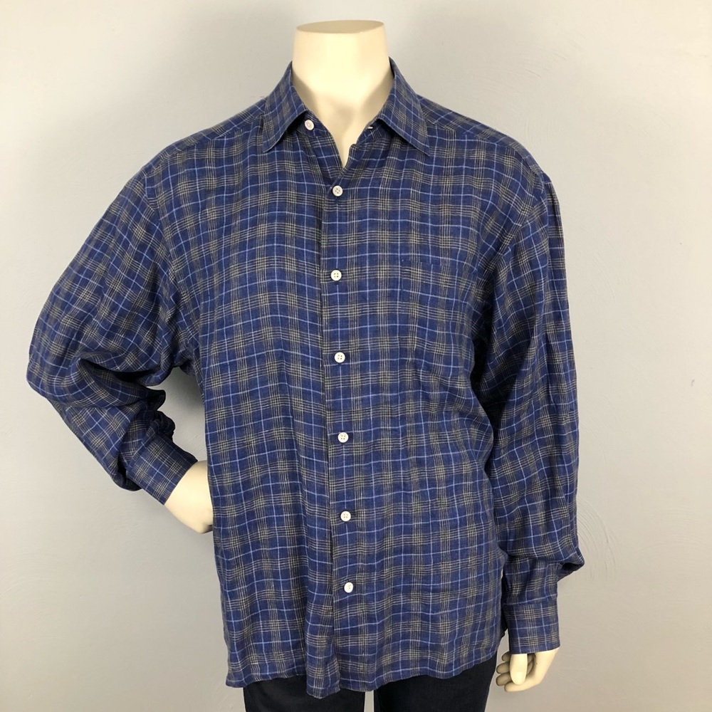 Lorenzini 100% Linen Plaid Dress Shirt size XXL